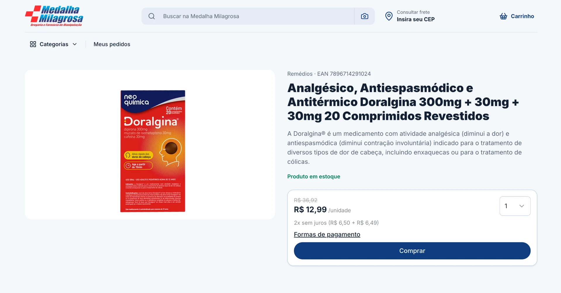 Página de produto com foto, descrição, preço e botão de compra