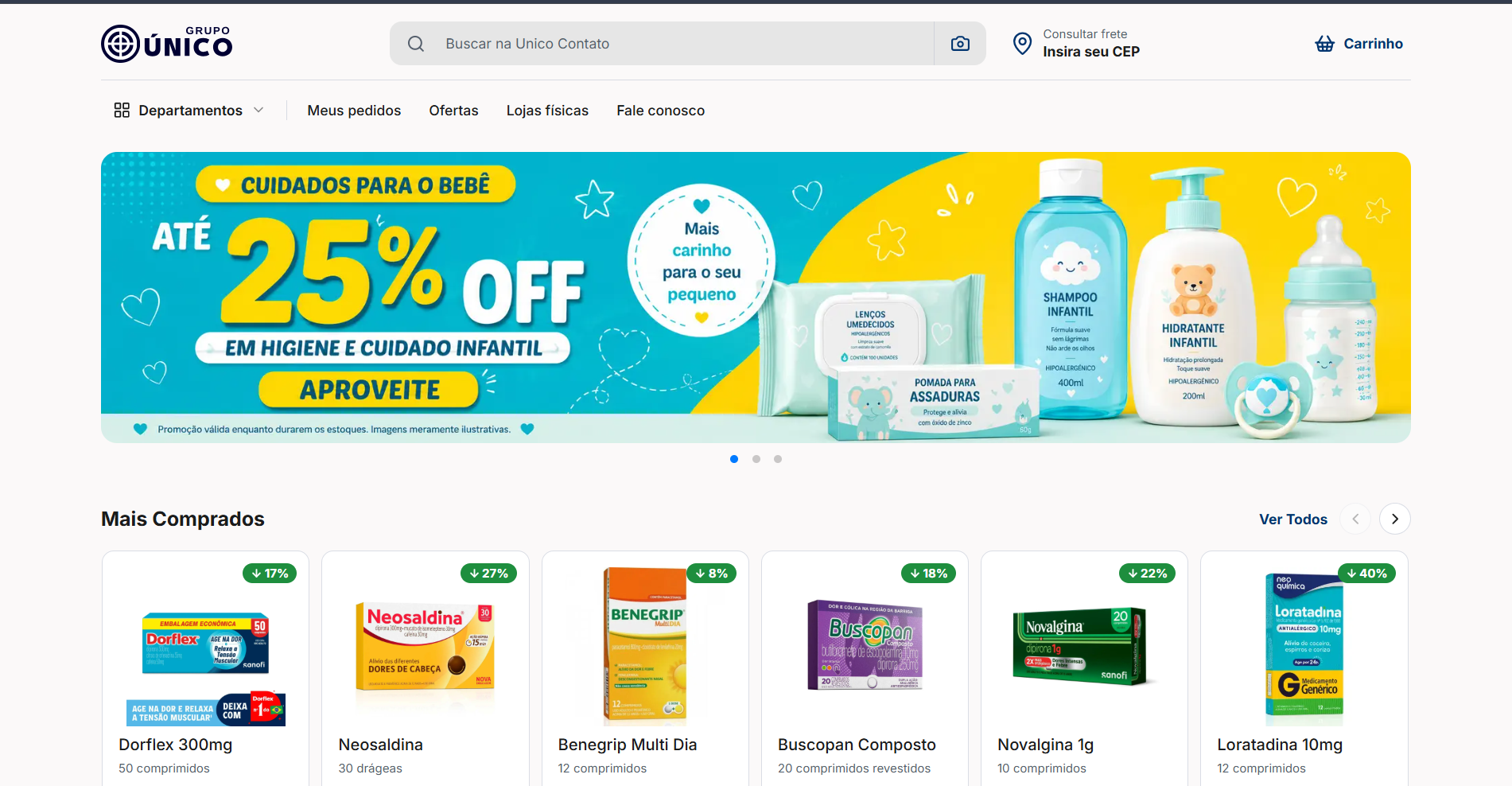 Tela do Catálogo Único com busca, ofertas, departamentos e produtos