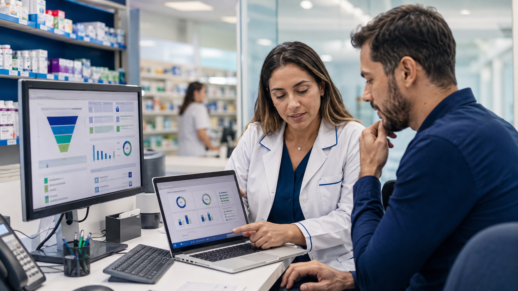 Equipe de uma farmácia utilizando CRM e soluções do Grupo Único